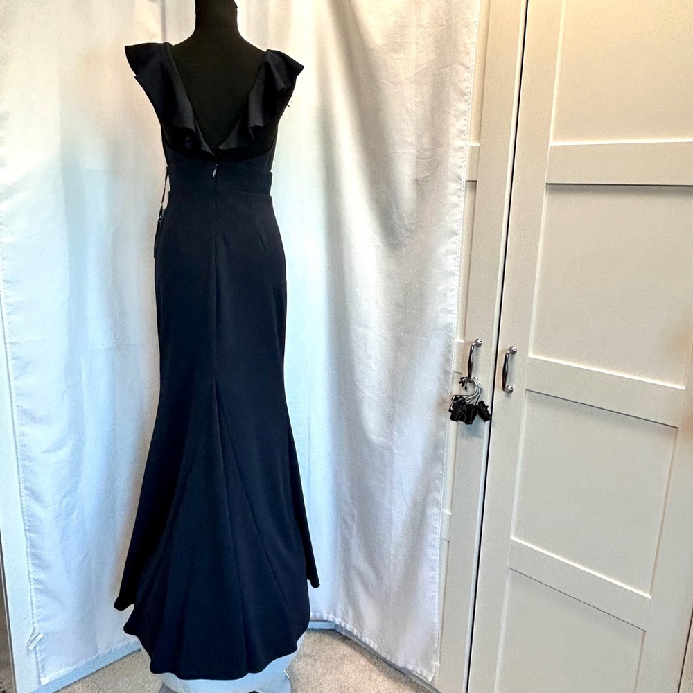 Lulu’s navy blue ruffle frill V neckline sleeveless pleated mermaid maxi dress M - Picture 8 of 16